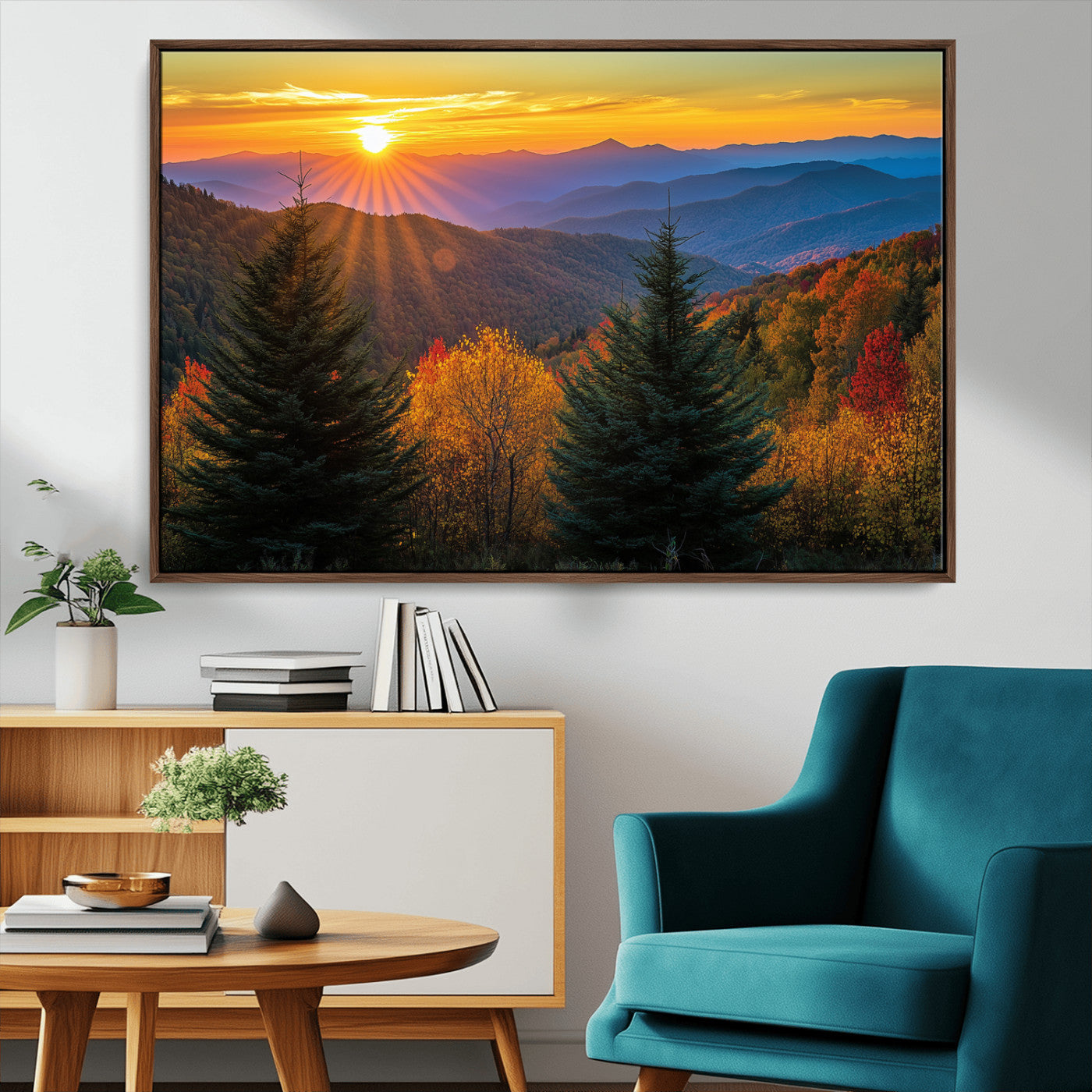 Vibrant sunset over autumn mountains with colorful trees and warm light, ideal for nature lovers or cabin-style wall decor.
