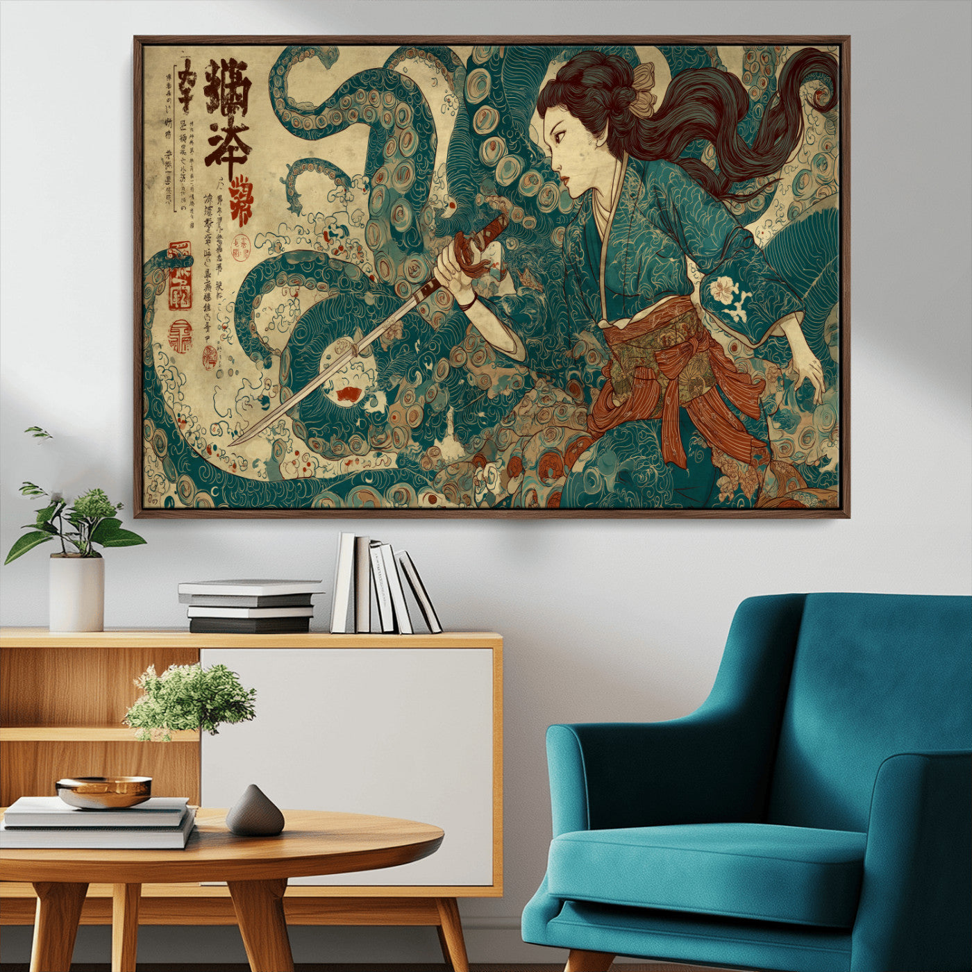 Tsukioka Yoshitoshi Samurai Wall Art Print, Japanese Katana Warrior Canvas Wall Art, Octopus Sea Monster Canvas Print,