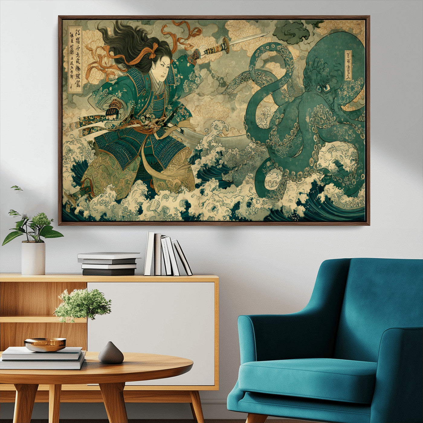 Tsukioka Yoshitoshi Samurai Wall Art Print, Japanese Katana Warrior Canvas Wall Art, Octopus Sea Monster Canvas Print,