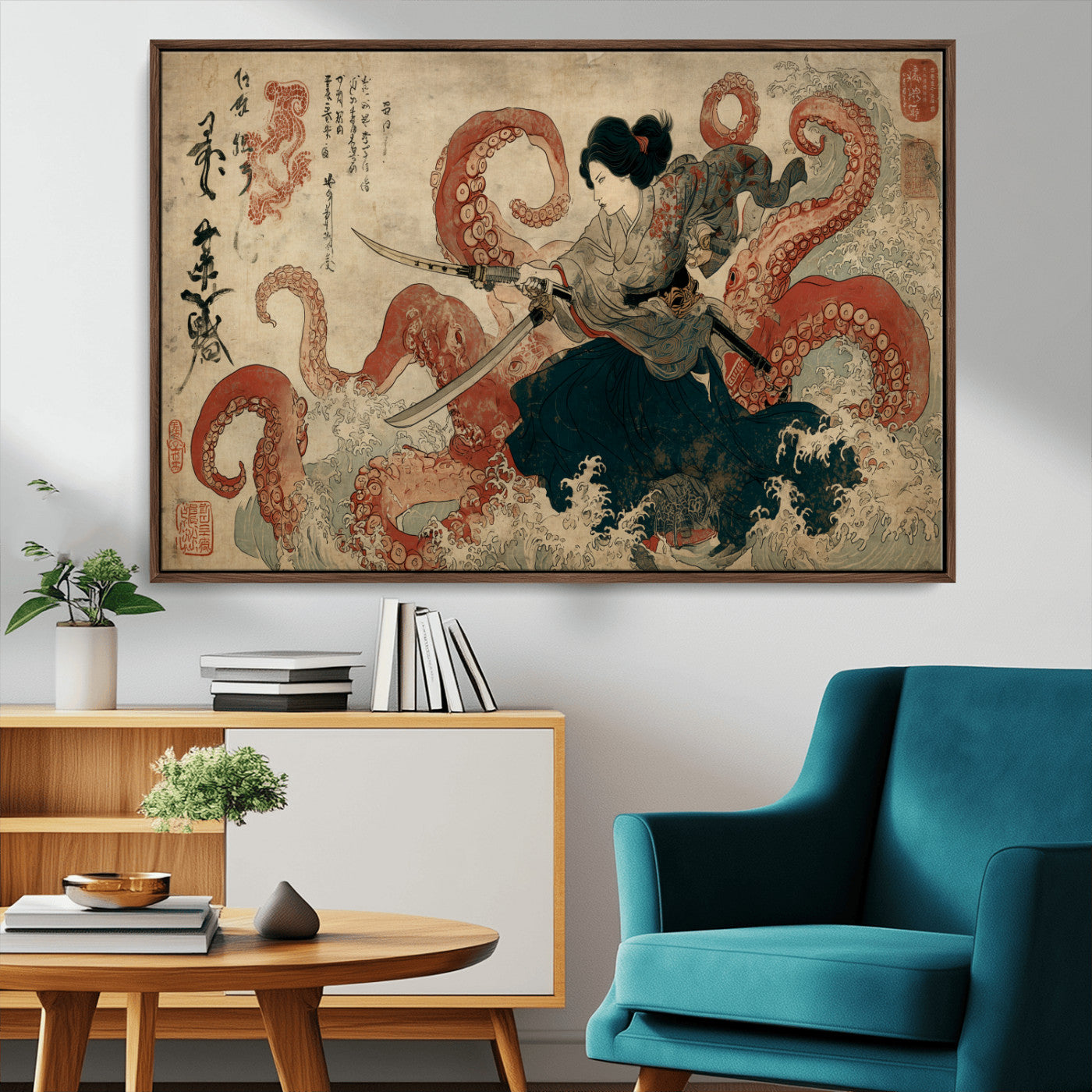Tsukioka Yoshitoshi Samurai Wall Art Print, Japanese Katana Warrior Canvas Wall Art, Octopus Sea Monster Canvas Print,