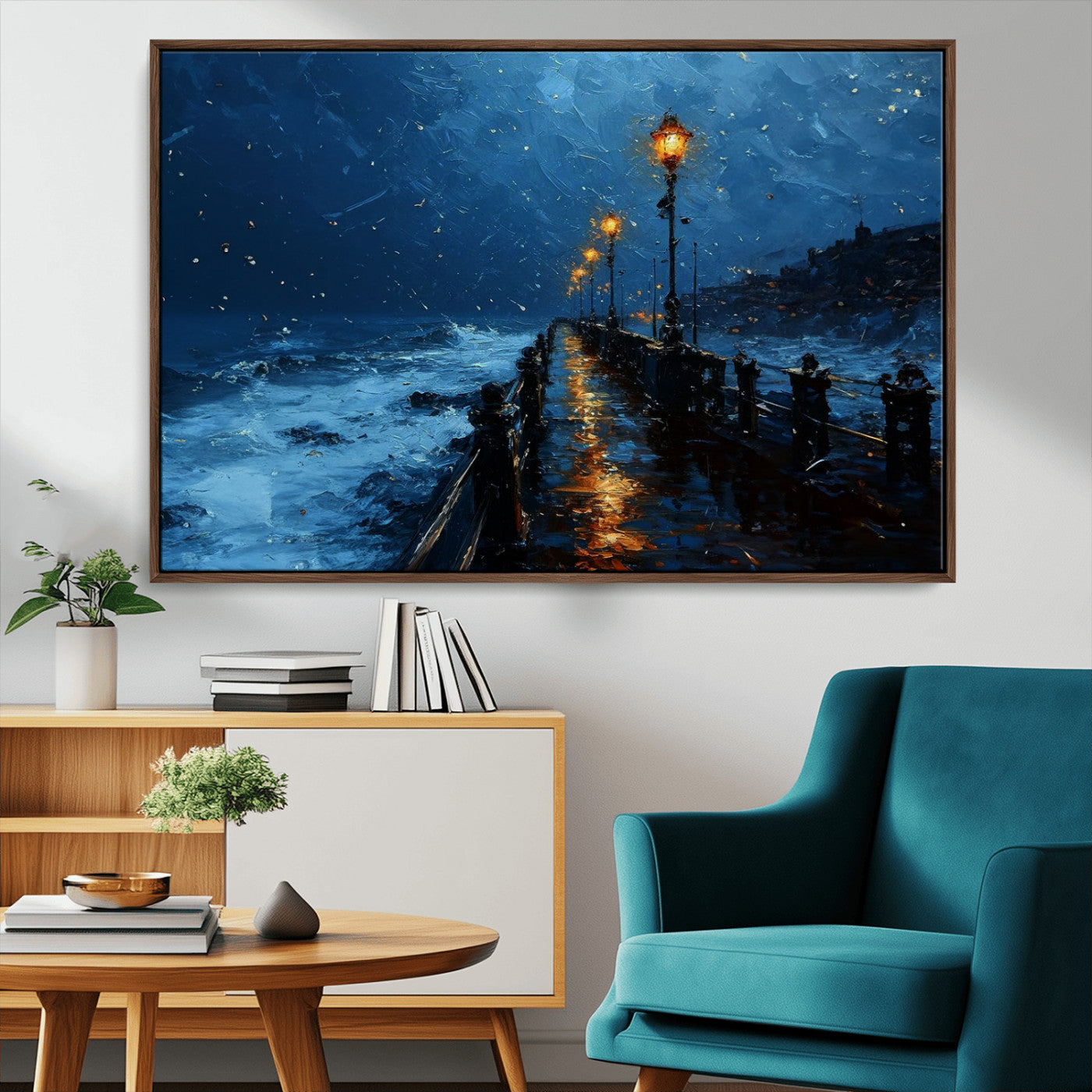 "Impressionistic painting of a rainy pier at night with glowing street lamps reflecting on the wet surface, ocean waves crashing under a dark blue sky."