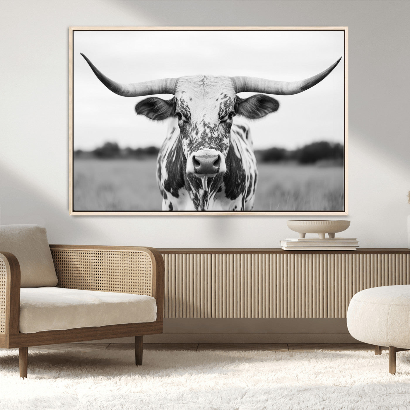 Capture the strength and elegance of nature with this striking black and white portrait of a longhorn cow. Its powerful presence makes a bold statement in any room.