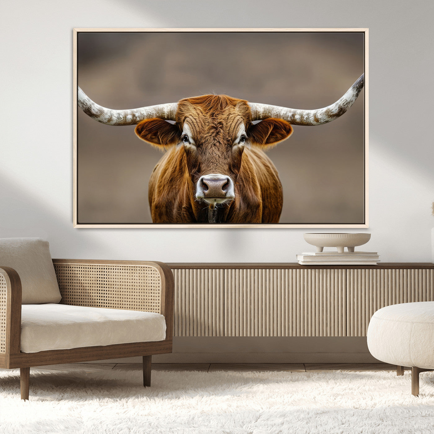 Close-up of a Texas Longhorn with strong curved horns and warm brown tones, perfect for rustic or western-style wall decor.