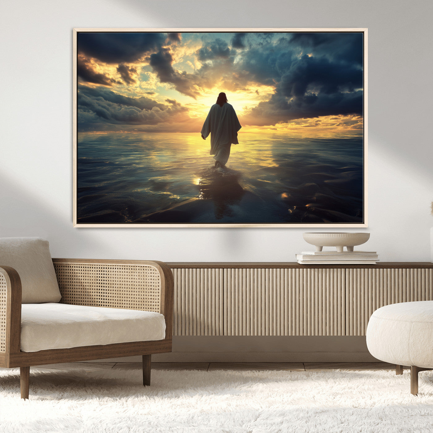 Spiritual artwork of Jesus walking on water at golden hour with divine light, ideal for Christian home decor or prayer room.