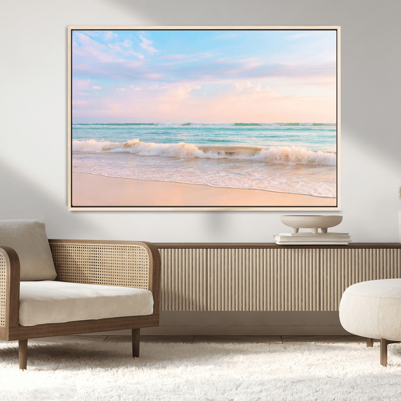 A peaceful beach scene with soft pastel skies, gentle waves washing up on the sandy shore, creating a calm and serene ocean view.