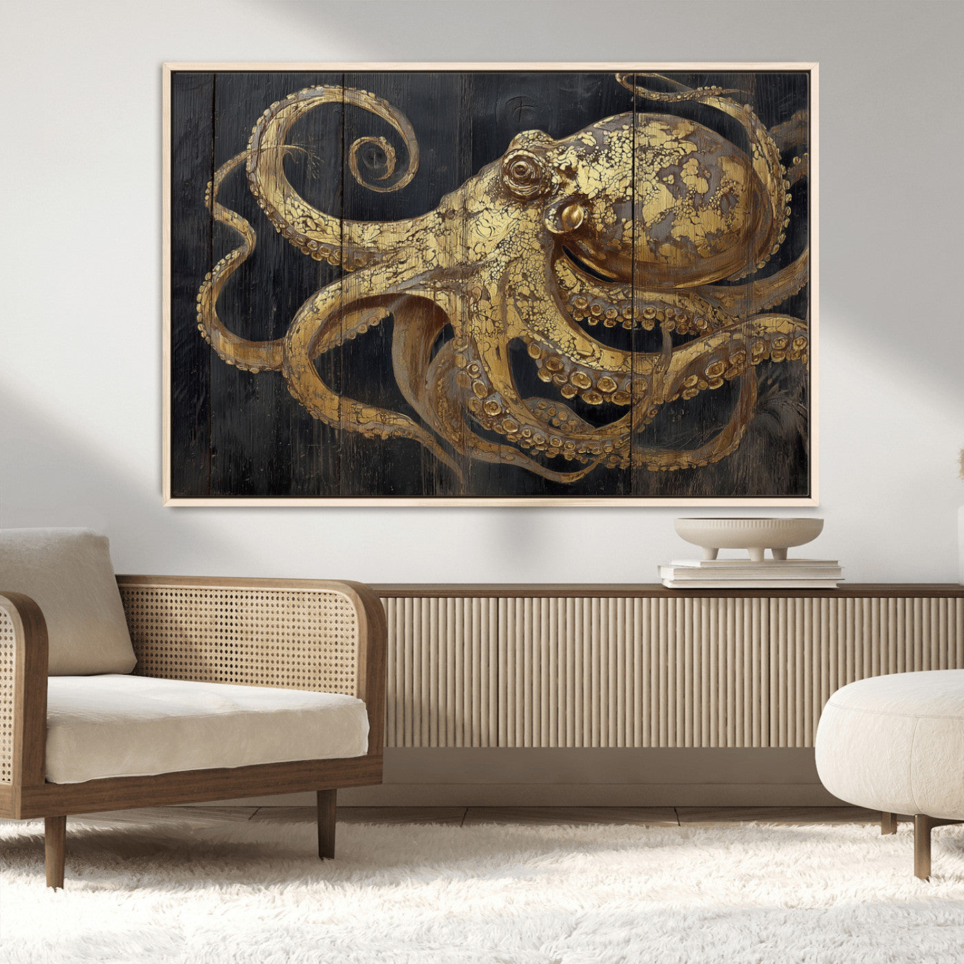 A detailed gold illustration of an octopus on black wooden planks, showing its intricate tentacles and textured skin in an artistic style.