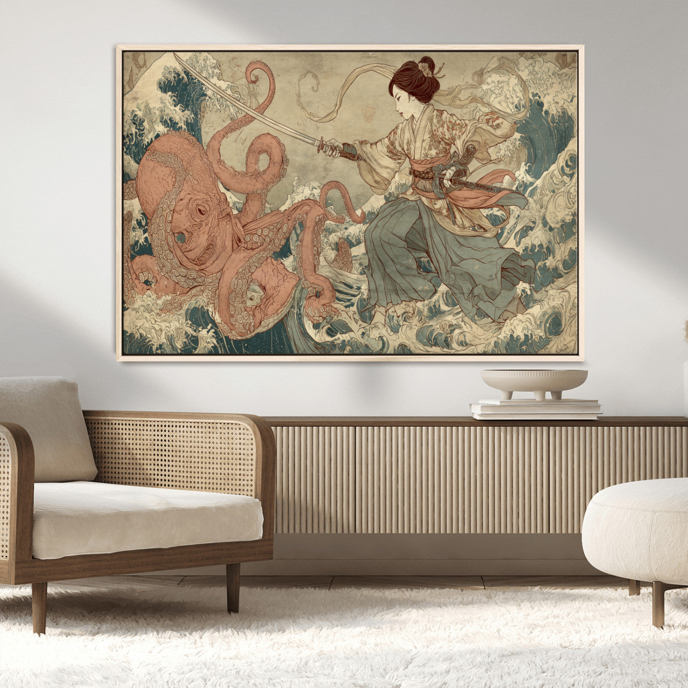 Tsukioka Yoshitoshi Samurai Wall Art Print, Japanese Katana Warrior Canvas Wall Art, Octopus Sea Monster Canvas Print,