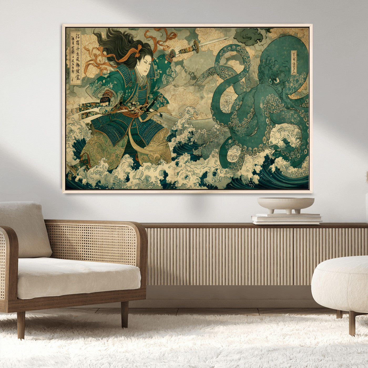 Tsukioka Yoshitoshi Samurai Wall Art Print, Japanese Katana Warrior Canvas Wall Art, Octopus Sea Monster Canvas Print,