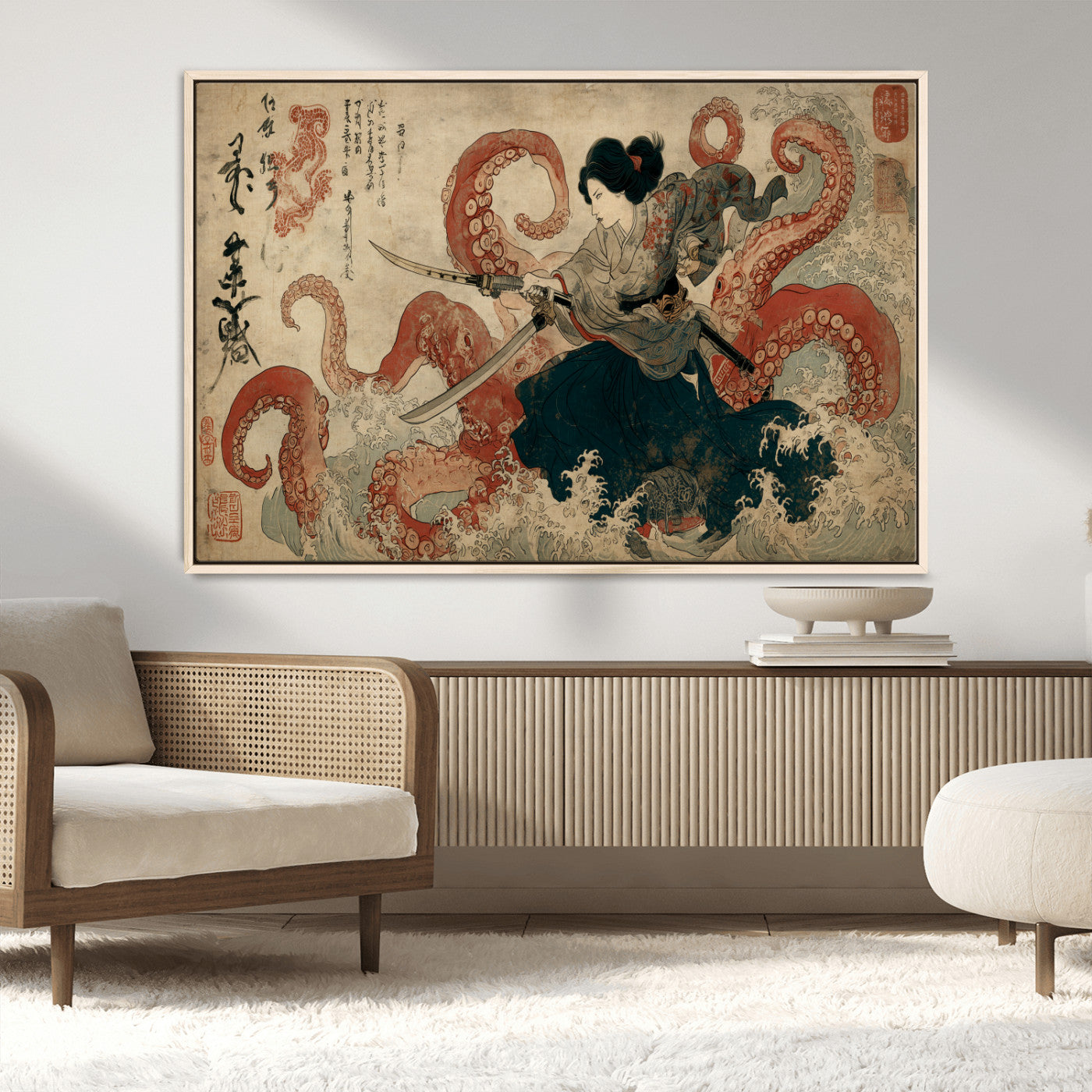 Tsukioka Yoshitoshi Samurai Wall Art Print, Japanese Katana Warrior Canvas Wall Art, Octopus Sea Monster Canvas Print,