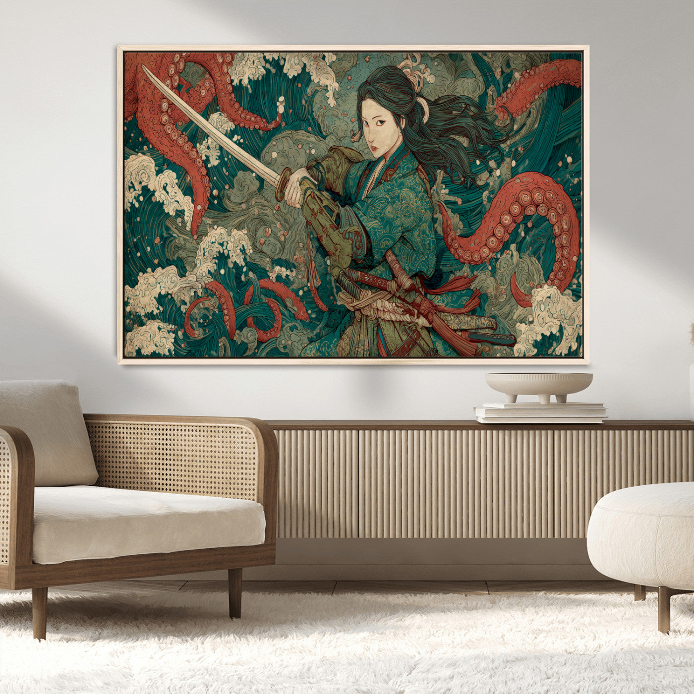 Tsukioka Yoshitoshi Samurai Wall Art Print, Japanese Katana Warrior Canvas Wall Art, Octopus Sea Monster Canvas Print,