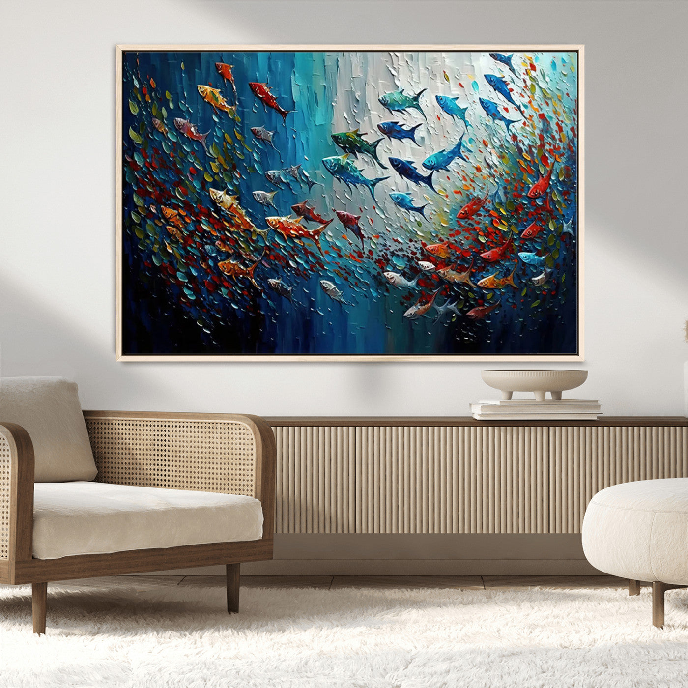 Colorful painting of fish swimming in abstract ocean swirls, perfect for vibrant marine-themed or expressive coastal home decor.