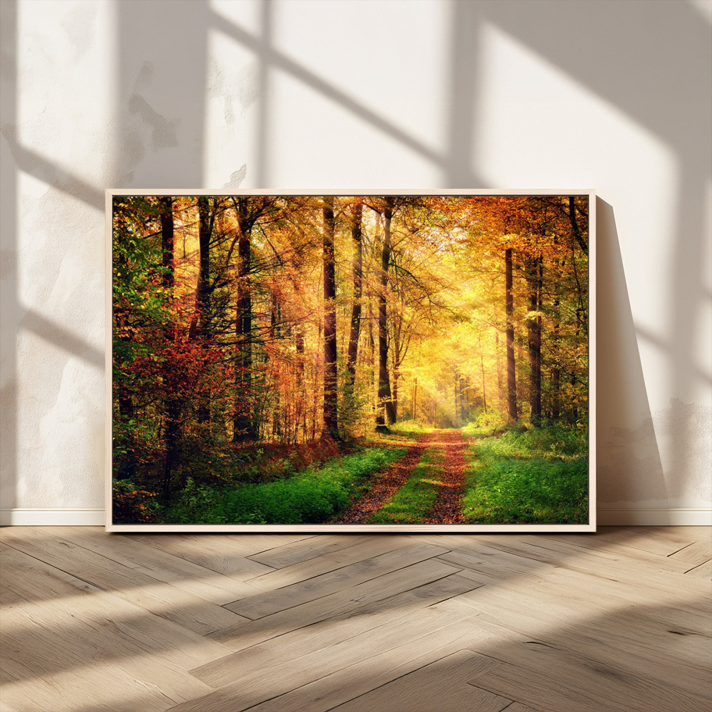 73494-MGV-CV-36X24-Golden Autumn Forest Path Wall Art – Sunlit Woodland Canvas Print, Fall Nature Landscape Home Decor