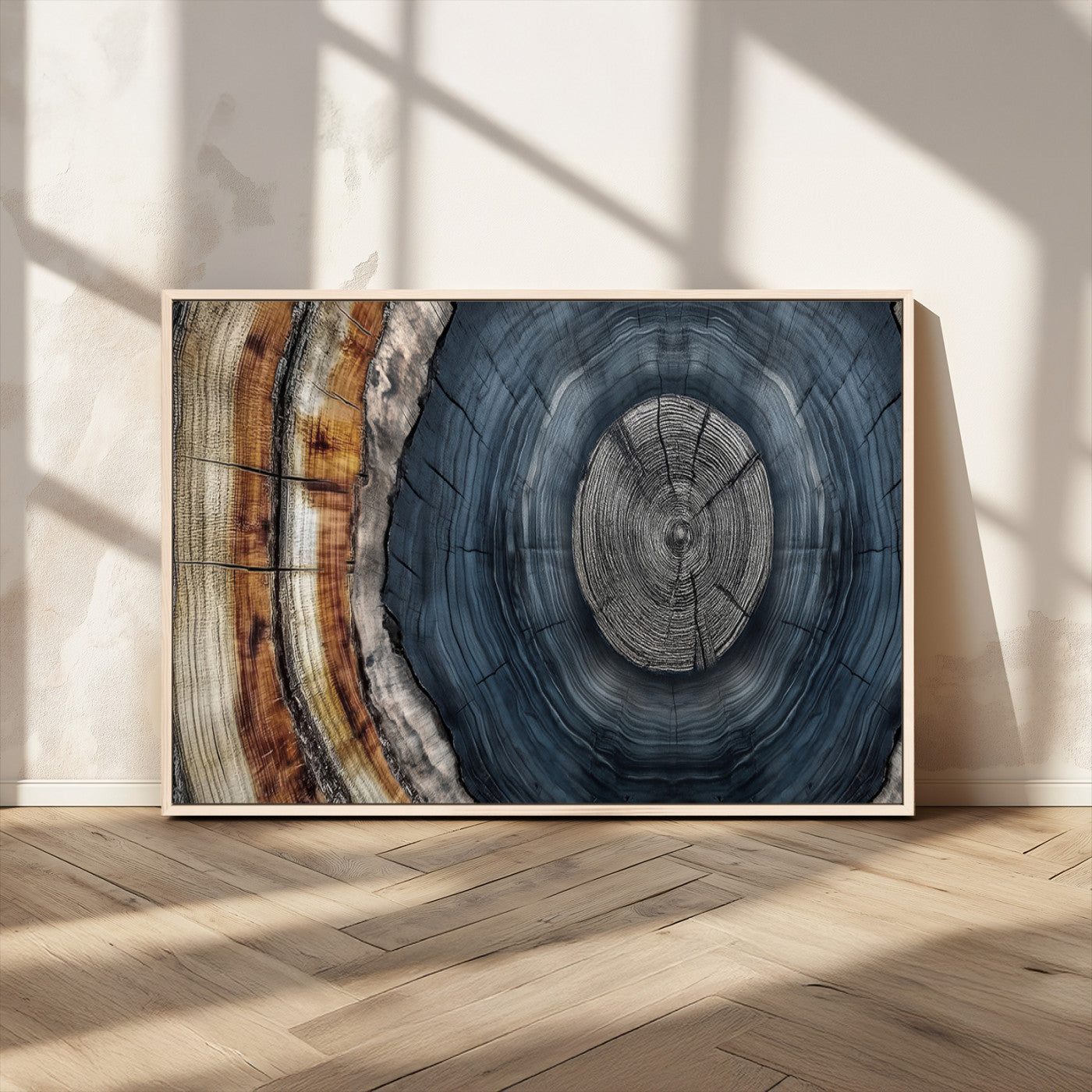 A stunning close-up of a tree trunk showing the intricate, circular growth rings, showcasing the natural textures and rich contrasts in deep blues, browns, and silvers.