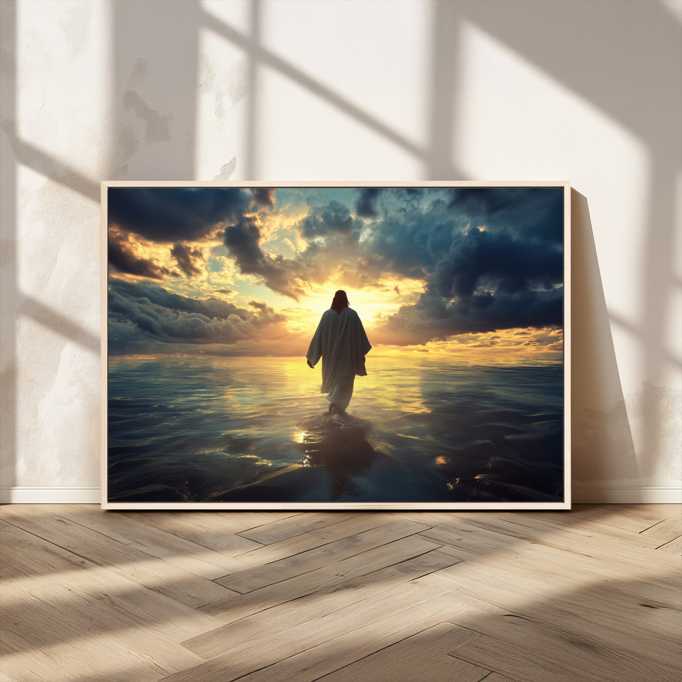 Spiritual artwork of Jesus walking on water at golden hour with divine light, ideal for Christian home decor or prayer room.