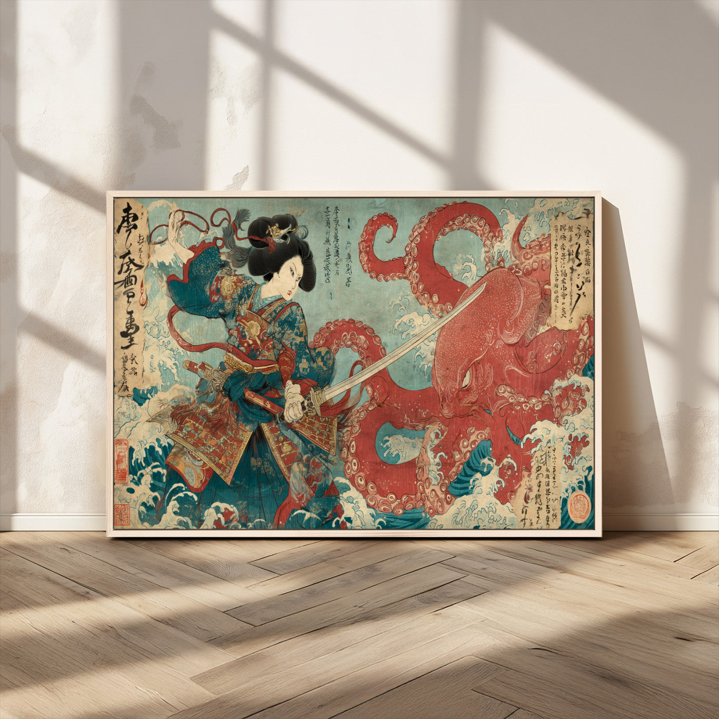 Tsukioka Yoshitoshi Samurai Wall Art Print, Japanese Katana Warrior Canvas Wall Art, Octopus Sea Monster Canvas Print,