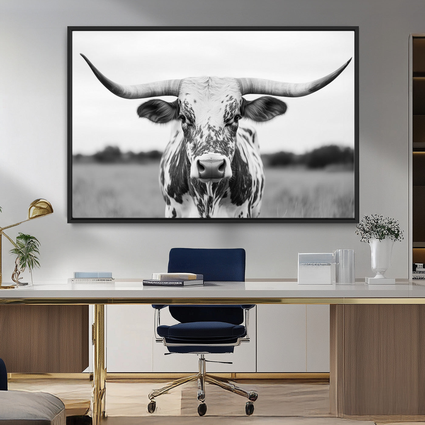Capture the strength and elegance of nature with this striking black and white portrait of a longhorn cow. Its powerful presence makes a bold statement in any room.