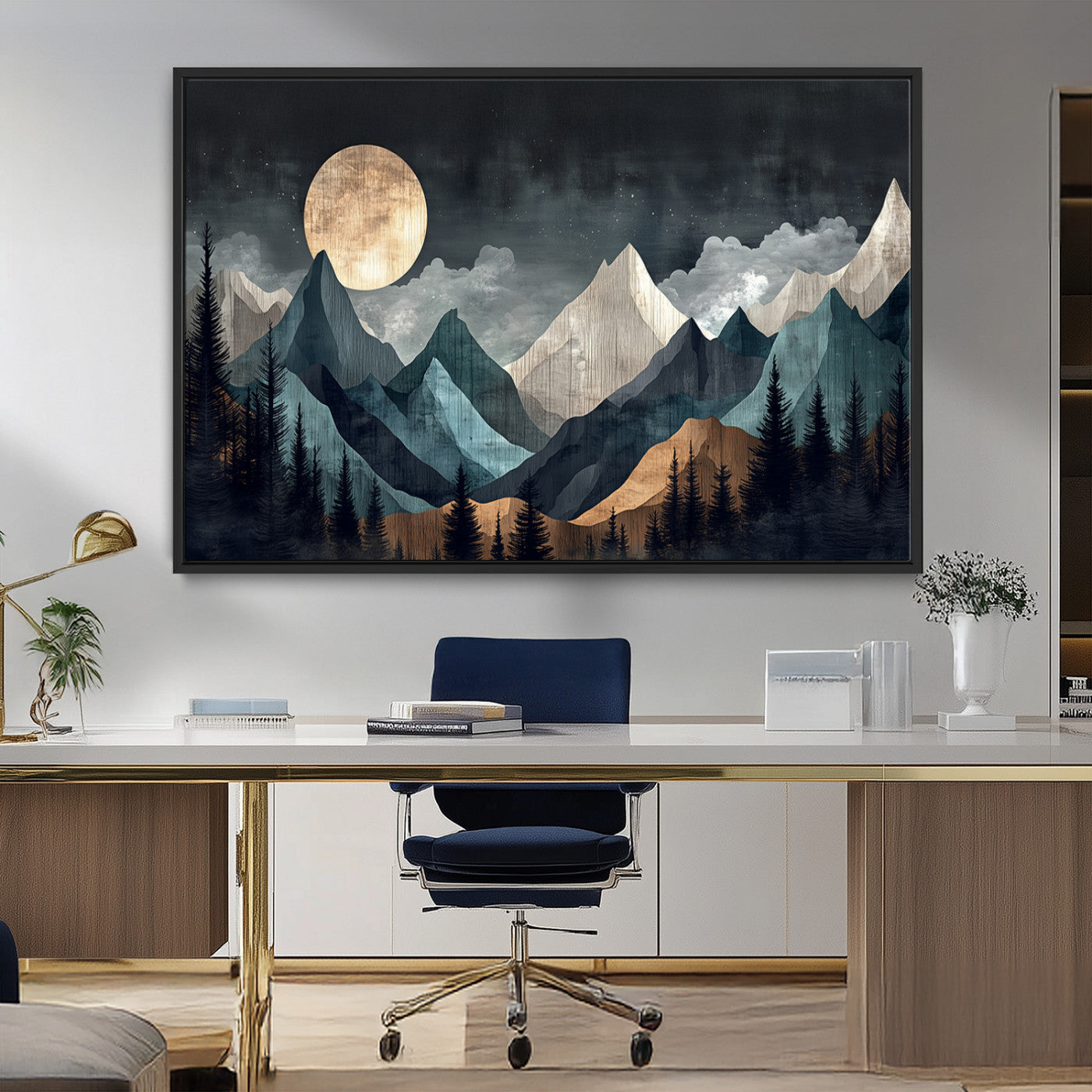 Stylized canvas of layered mountains under a full moon in neutral moody tones, ideal for nature-inspired or modern rustic interiors.
