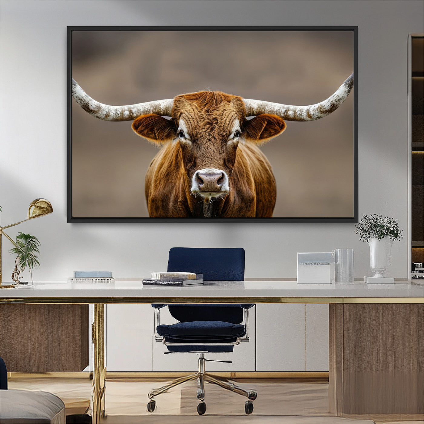 Close-up of a Texas Longhorn with strong curved horns and warm brown tones, perfect for rustic or western-style wall decor.