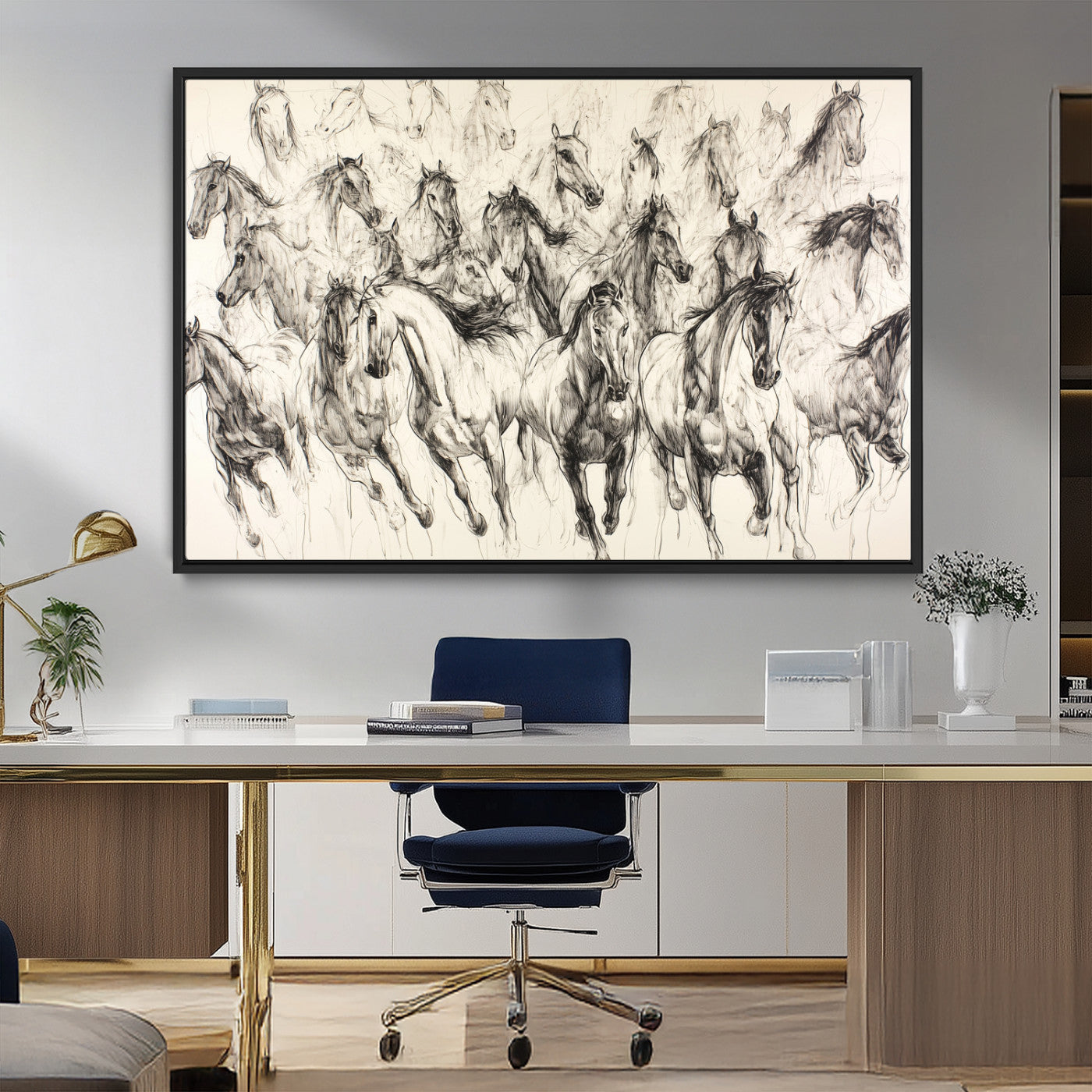 Monochrome ink sketch of galloping horses in dynamic motion, perfect for western or equine-themed wall decor with bold artistic energy.