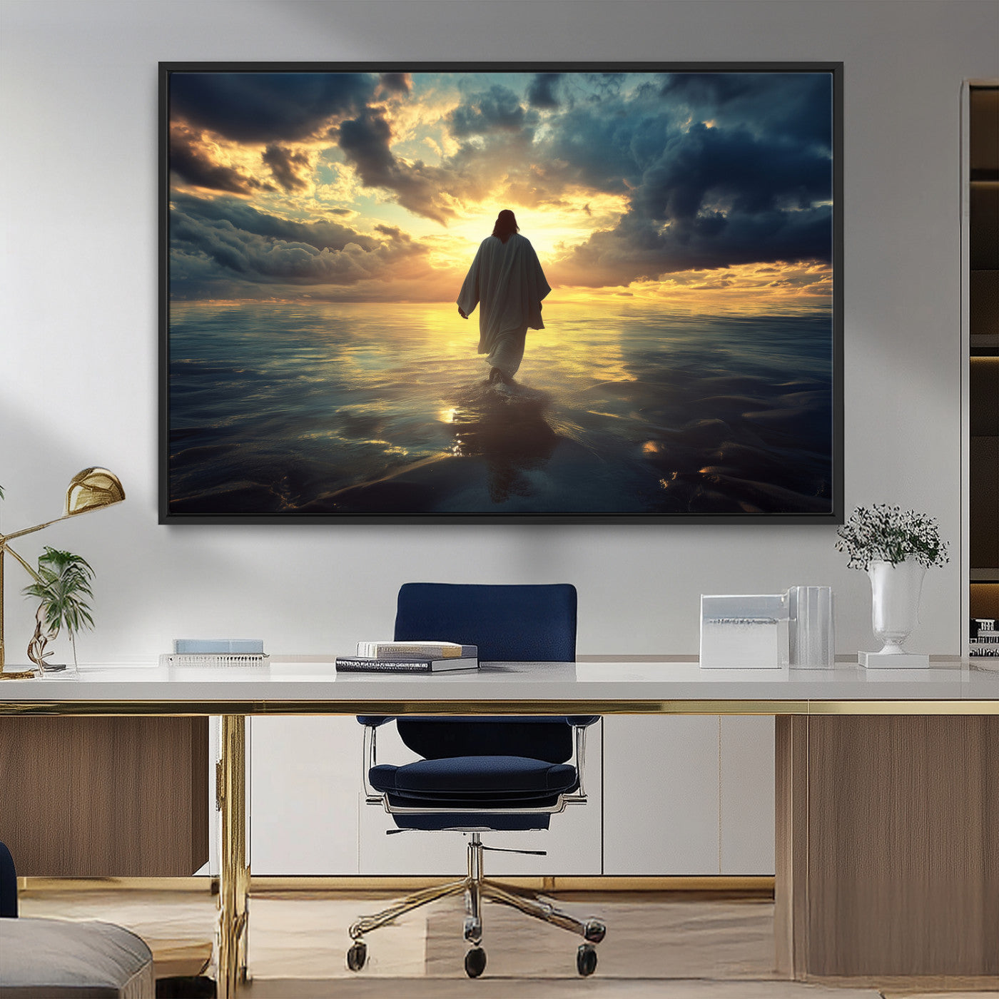 Spiritual artwork of Jesus walking on water at golden hour with divine light, ideal for Christian home decor or prayer room.