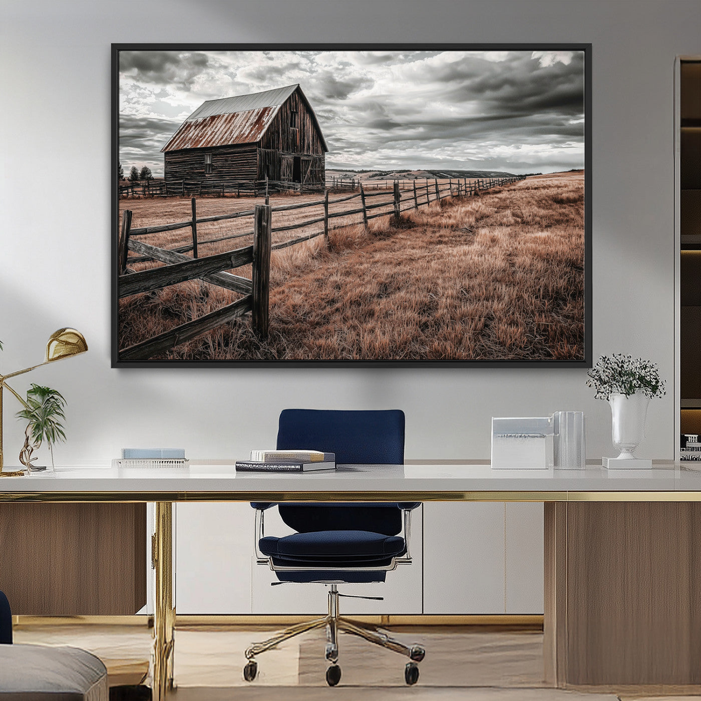 Framed canvas of a rustic barn under a moody sky with weathered fence and dark fields, ideal for farmhouse or rural-style wall decor.