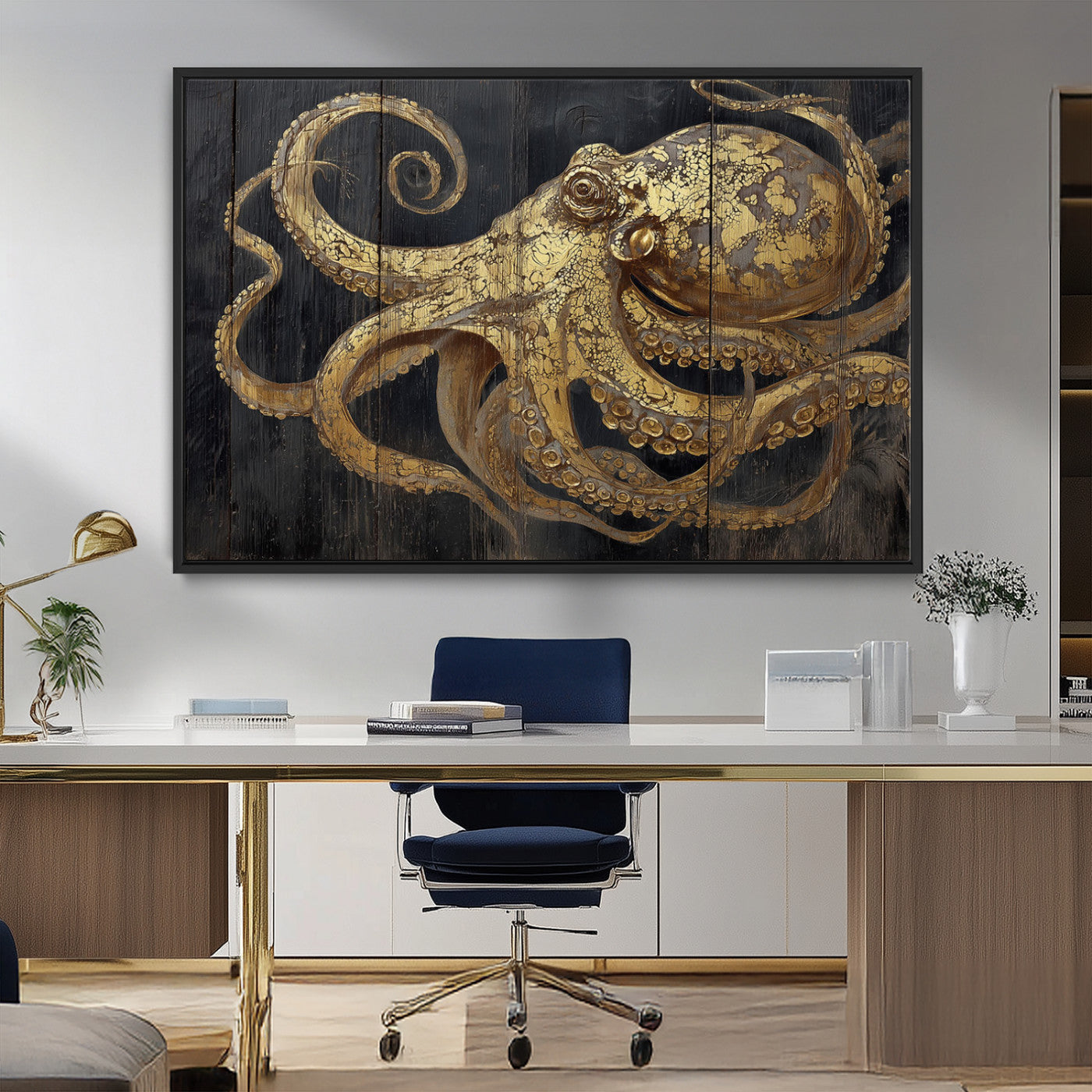 A detailed gold illustration of an octopus on black wooden planks, showing its intricate tentacles and textured skin in an artistic style.