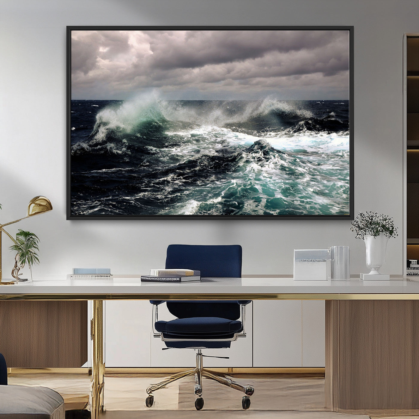Powerful ocean waves crashing under stormy skies, creating a dynamic and intense seascape.