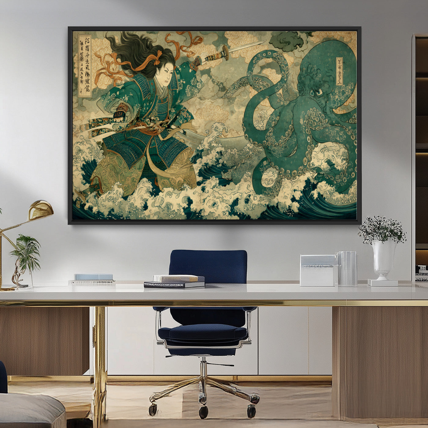 Tsukioka Yoshitoshi Samurai Wall Art Print, Japanese Katana Warrior Canvas Wall Art, Octopus Sea Monster Canvas Print,