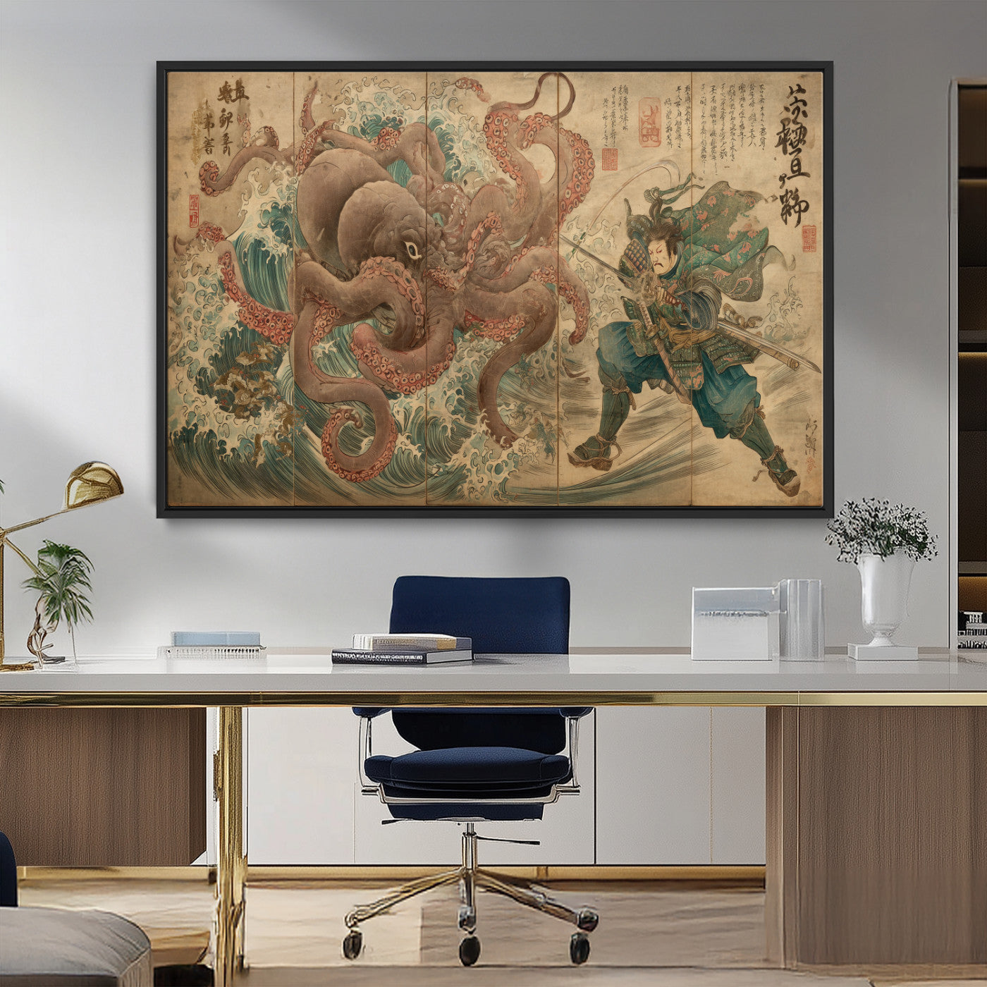 Tsukioka Yoshitoshi Samurai Wall Art Print, Japanese Katana Warrior Canvas Wall Art, Octopus Sea Monster Canvas Print,
