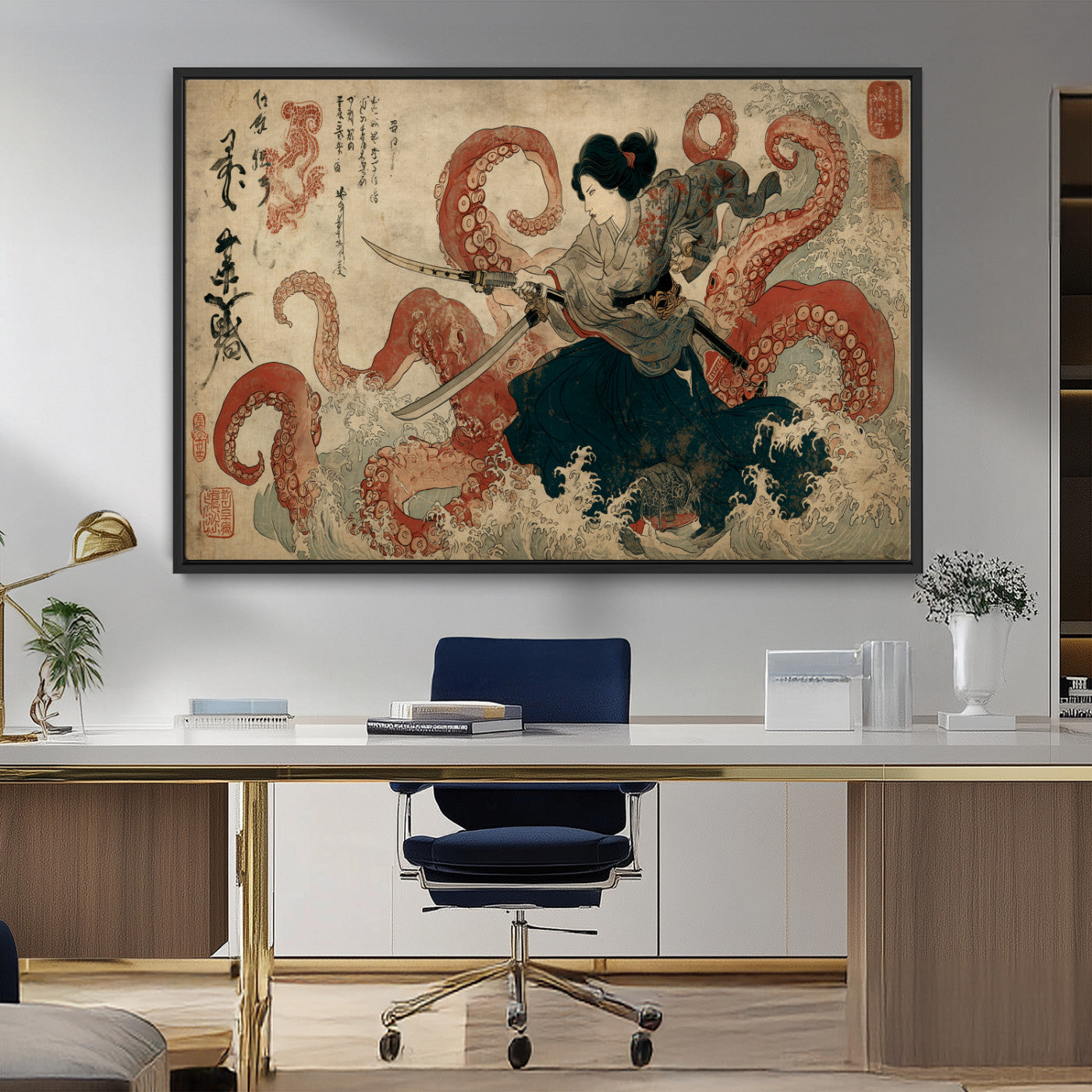 Tsukioka Yoshitoshi Samurai Wall Art Print, Japanese Katana Warrior Canvas Wall Art, Octopus Sea Monster Canvas Print,