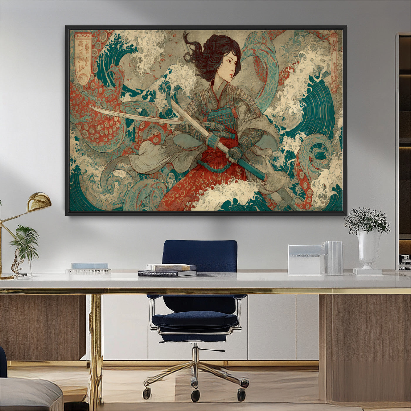 Tsukioka Yoshitoshi Samurai Wall Art Print, Japanese Katana Warrior Canvas Wall Art, Octopus Sea Monster Canvas Print,