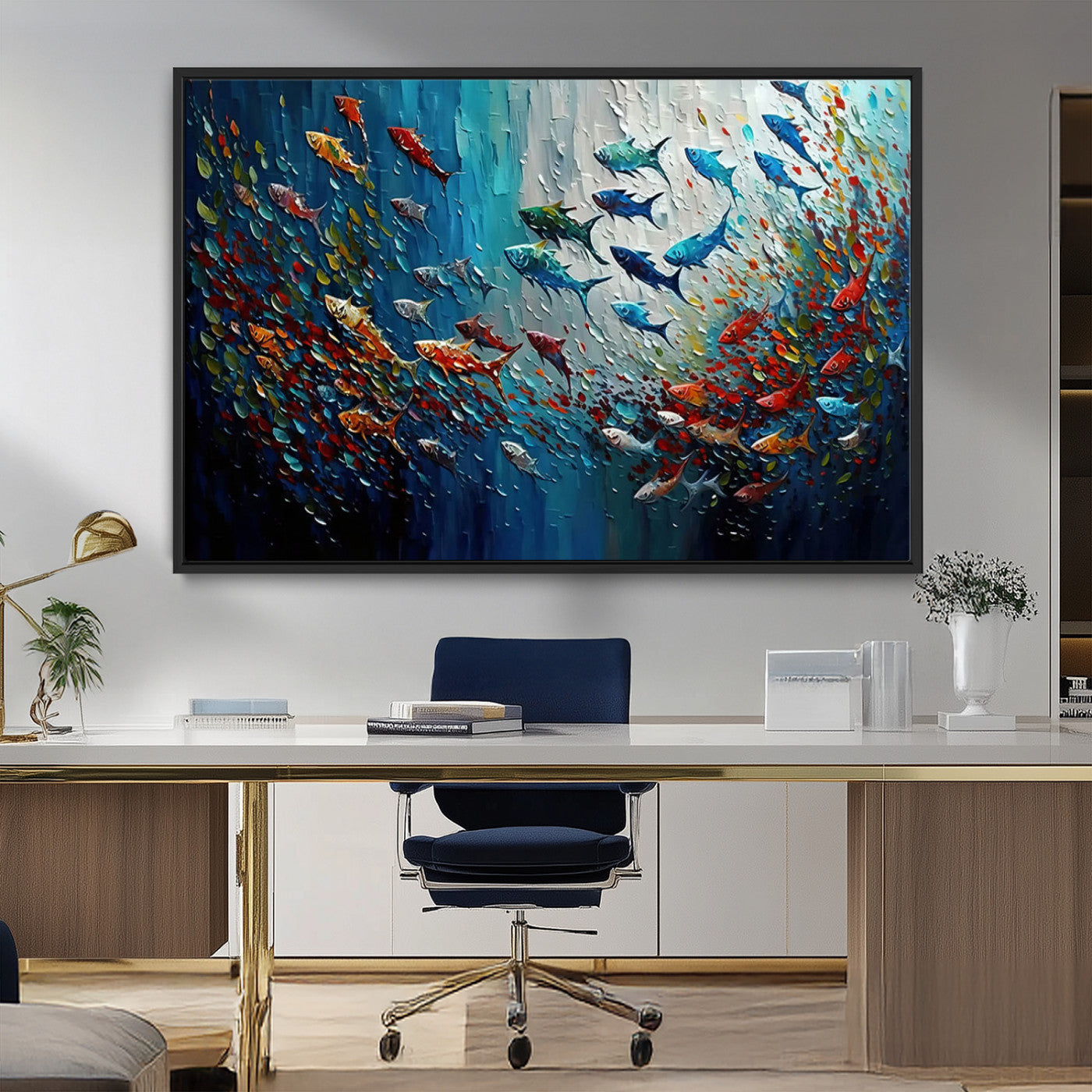 Colorful painting of fish swimming in abstract ocean swirls, perfect for vibrant marine-themed or expressive coastal home decor.