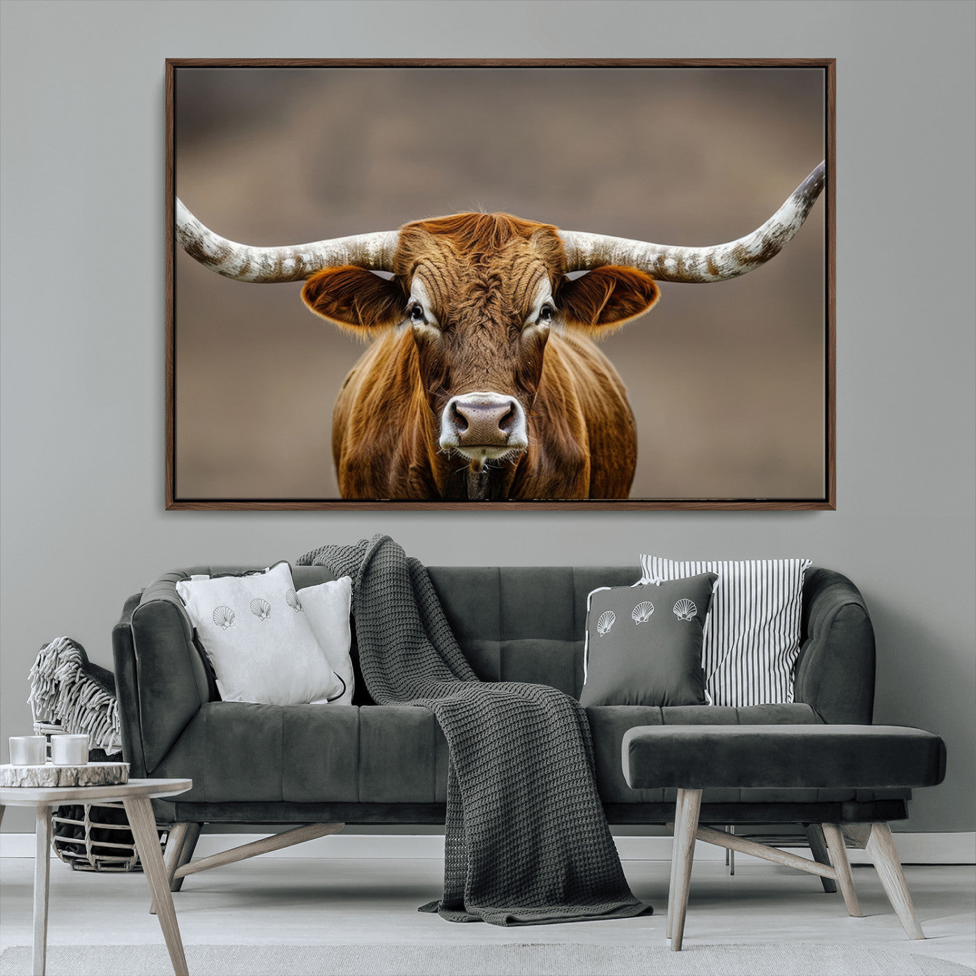 Close-up of a Texas Longhorn with strong curved horns and warm brown tones, perfect for rustic or western-style wall decor.