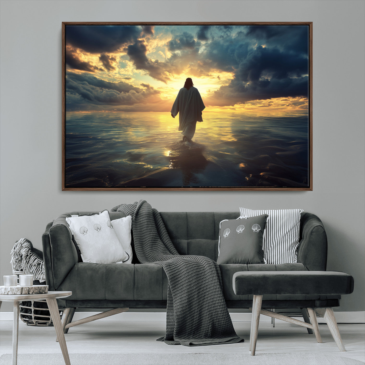 Spiritual artwork of Jesus walking on water at golden hour with divine light, ideal for Christian home decor or prayer room.
