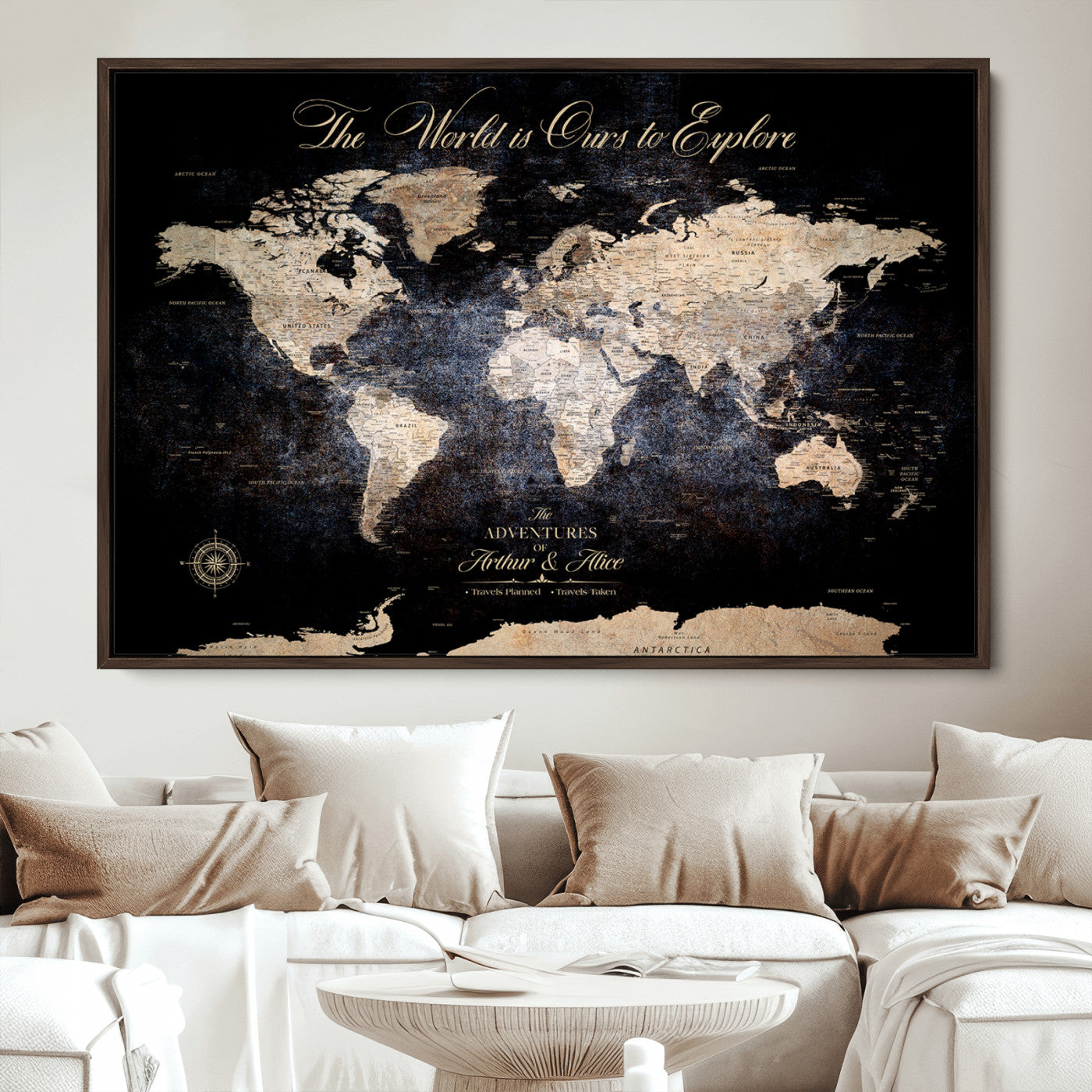 '-Customize Push Pin World Map Wall Canvas Print, Personalized Travel Tracker with Pins, Framed Large Canvas for Home Office Decor - H37