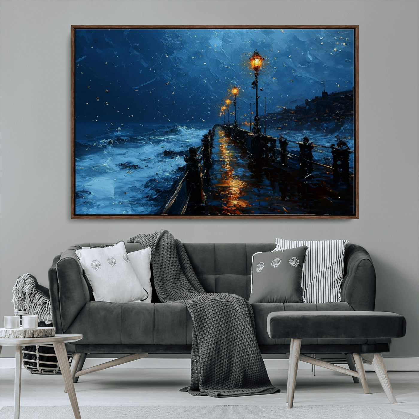 "Impressionistic painting of a rainy pier at night with glowing street lamps reflecting on the wet surface, ocean waves crashing under a dark blue sky."