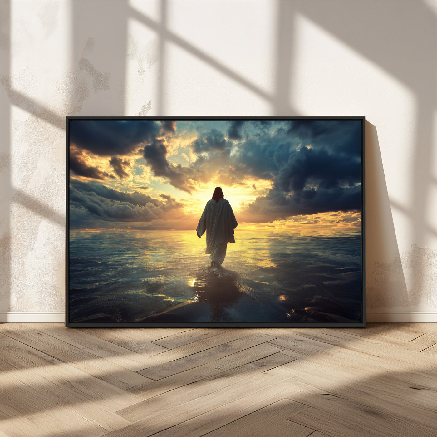 Spiritual artwork of Jesus walking on water at golden hour with divine light, ideal for Christian home decor or prayer room.
