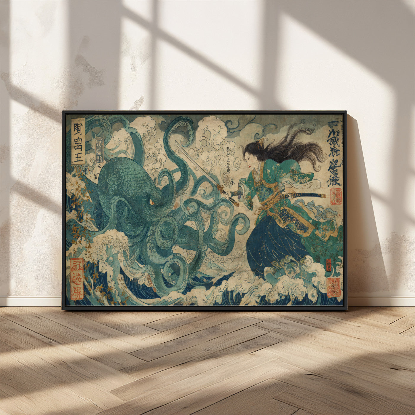 Tsukioka Yoshitoshi Samurai Wall Art Print, Japanese Katana Warrior Canvas Wall Art, Octopus Sea Monster Canvas Print,