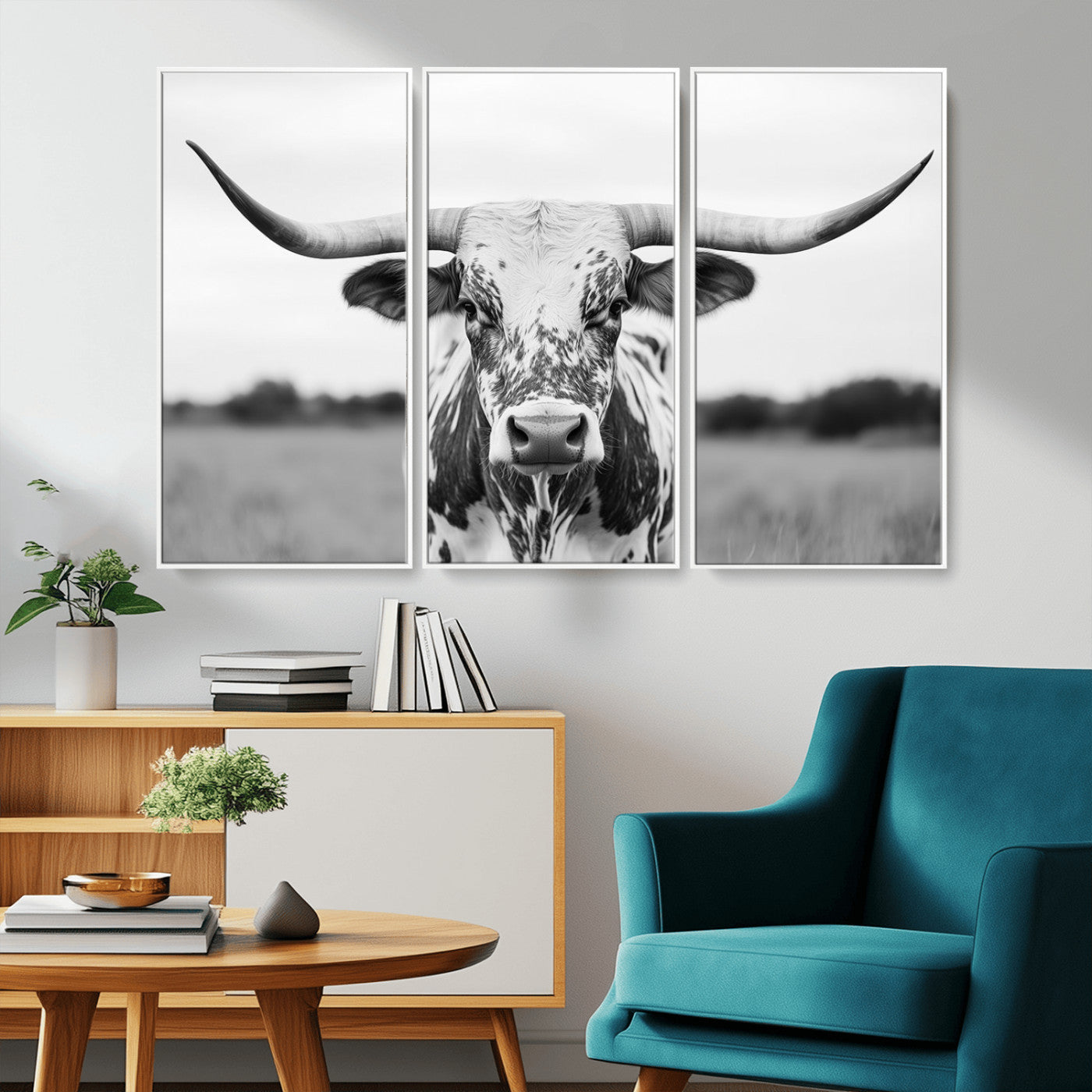 Capture the strength and elegance of nature with this striking black and white portrait of a longhorn cow. Its powerful presence makes a bold statement in any room.