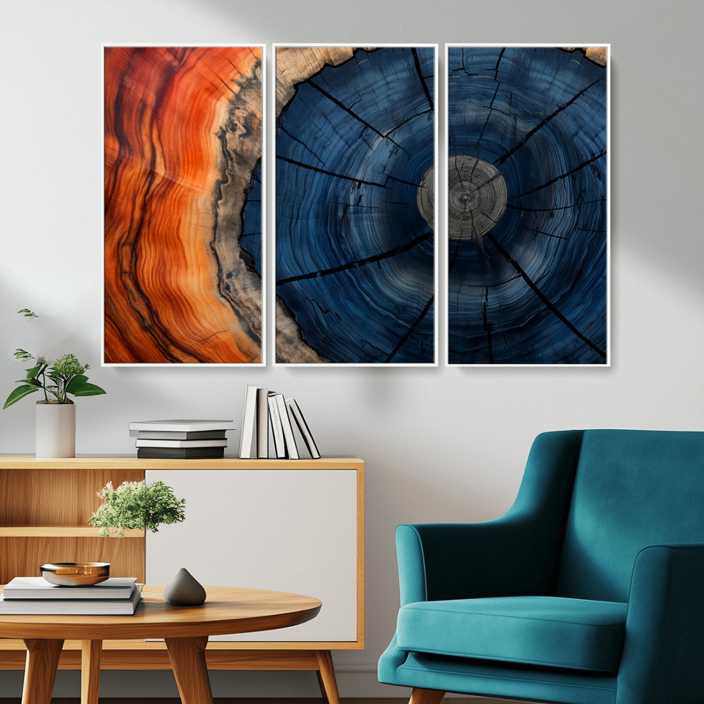 A captivating close-up of a tree trunk, showcasing its concentric rings in rich shades of blue, orange, and brown, highlighting the organic patterns of natural wood.