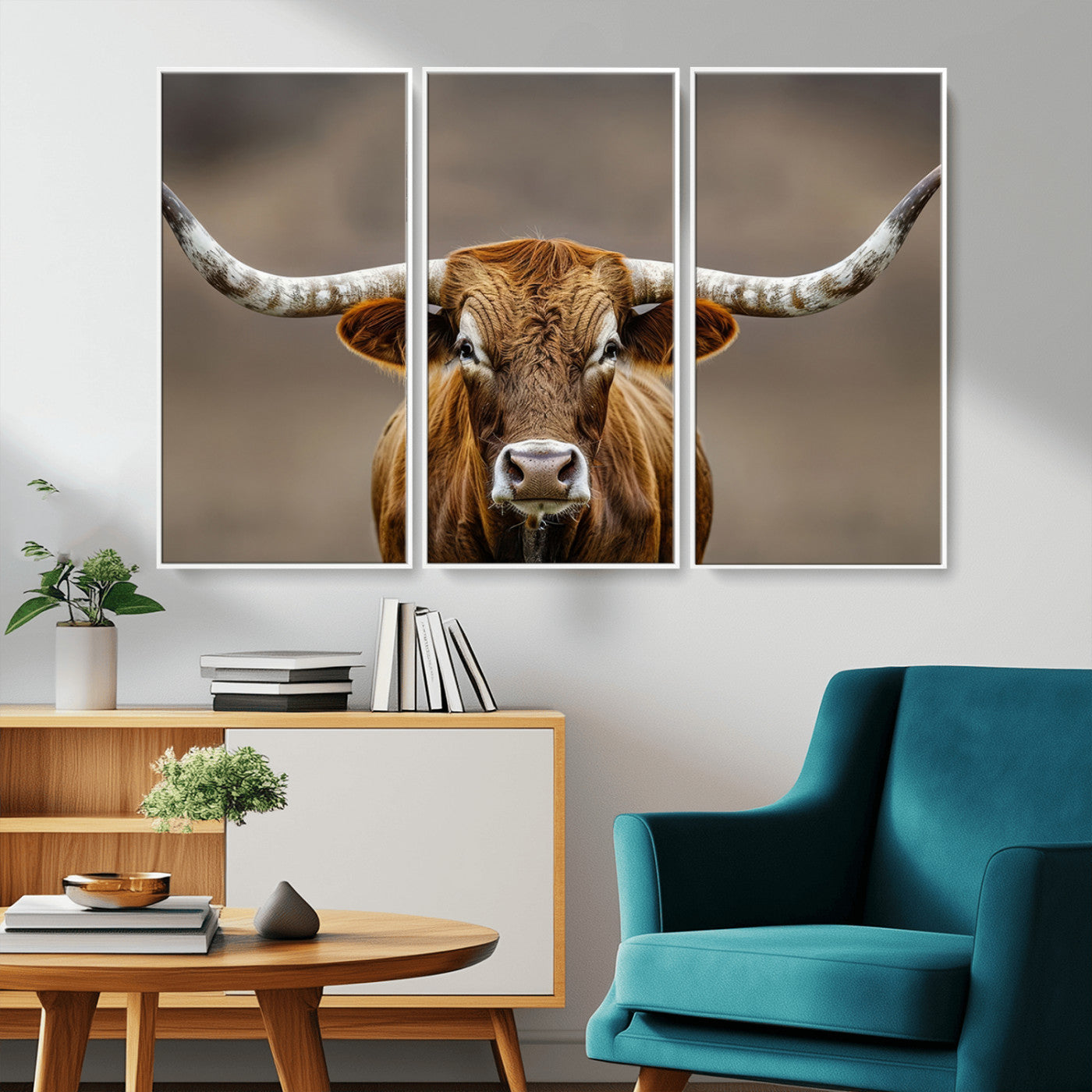 Close-up of a Texas Longhorn with strong curved horns and warm brown tones, perfect for rustic or western-style wall decor.