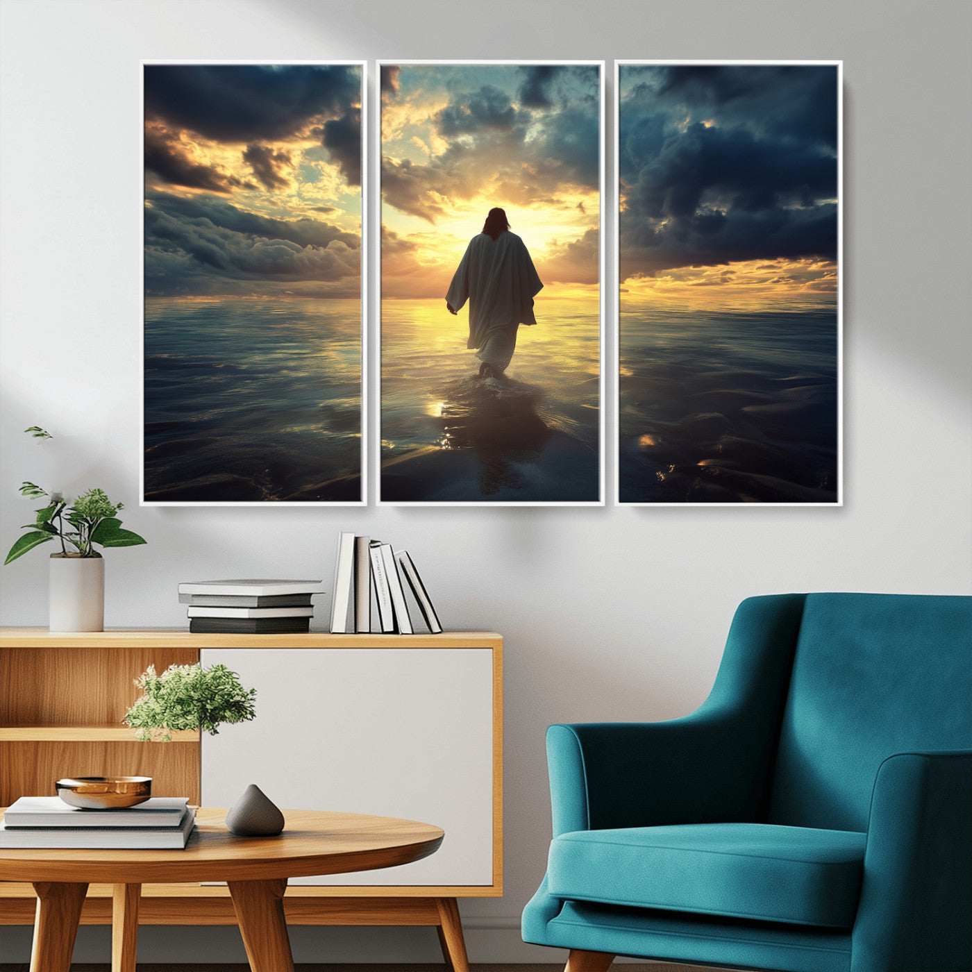 Spiritual artwork of Jesus walking on water at golden hour with divine light, ideal for Christian home decor or prayer room.