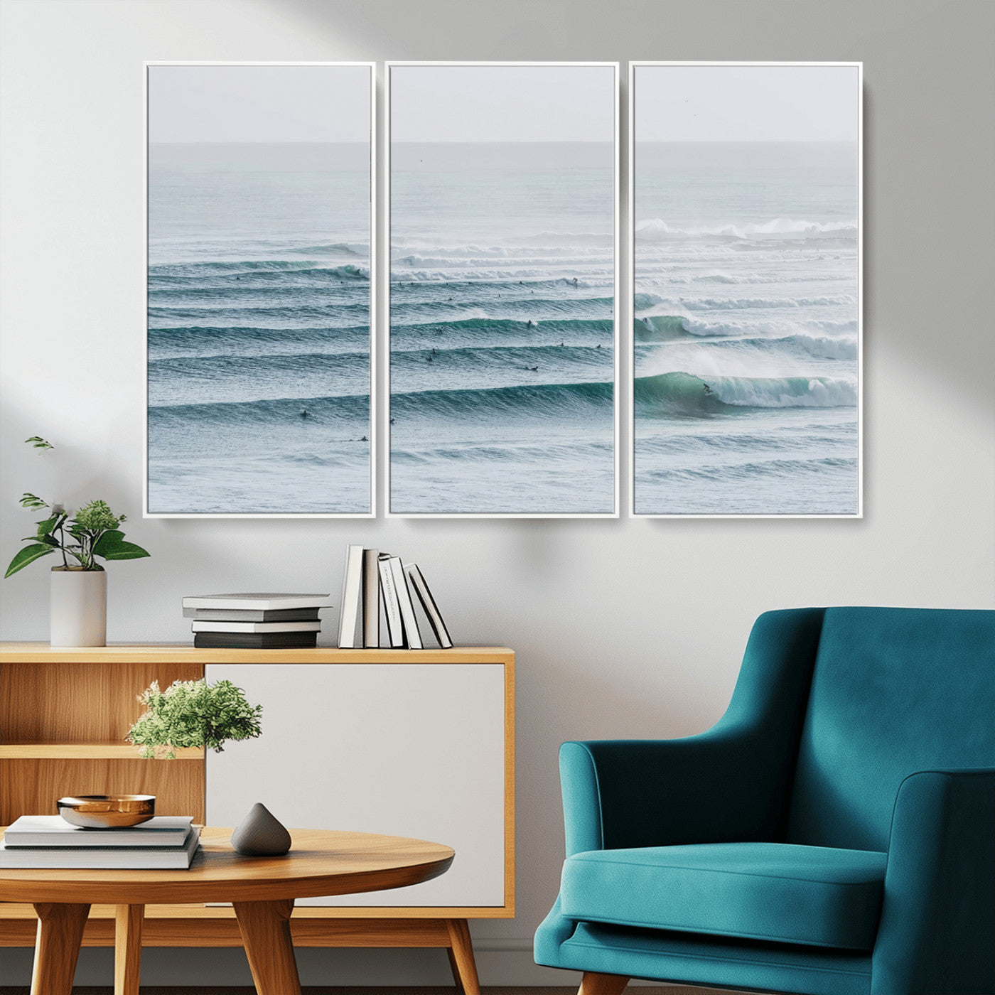 High-angle view of surfers lining up across layered ocean waves, ideal for minimal coastal or surf-inspired room decor.