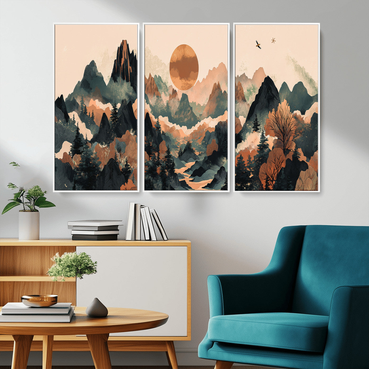 Mountain Landscape Wall Art Print - Sunset Hills Canvas Print, featuring an abstract nature scene with earthy tones and misty peaks, perfect for boho and modern decor.