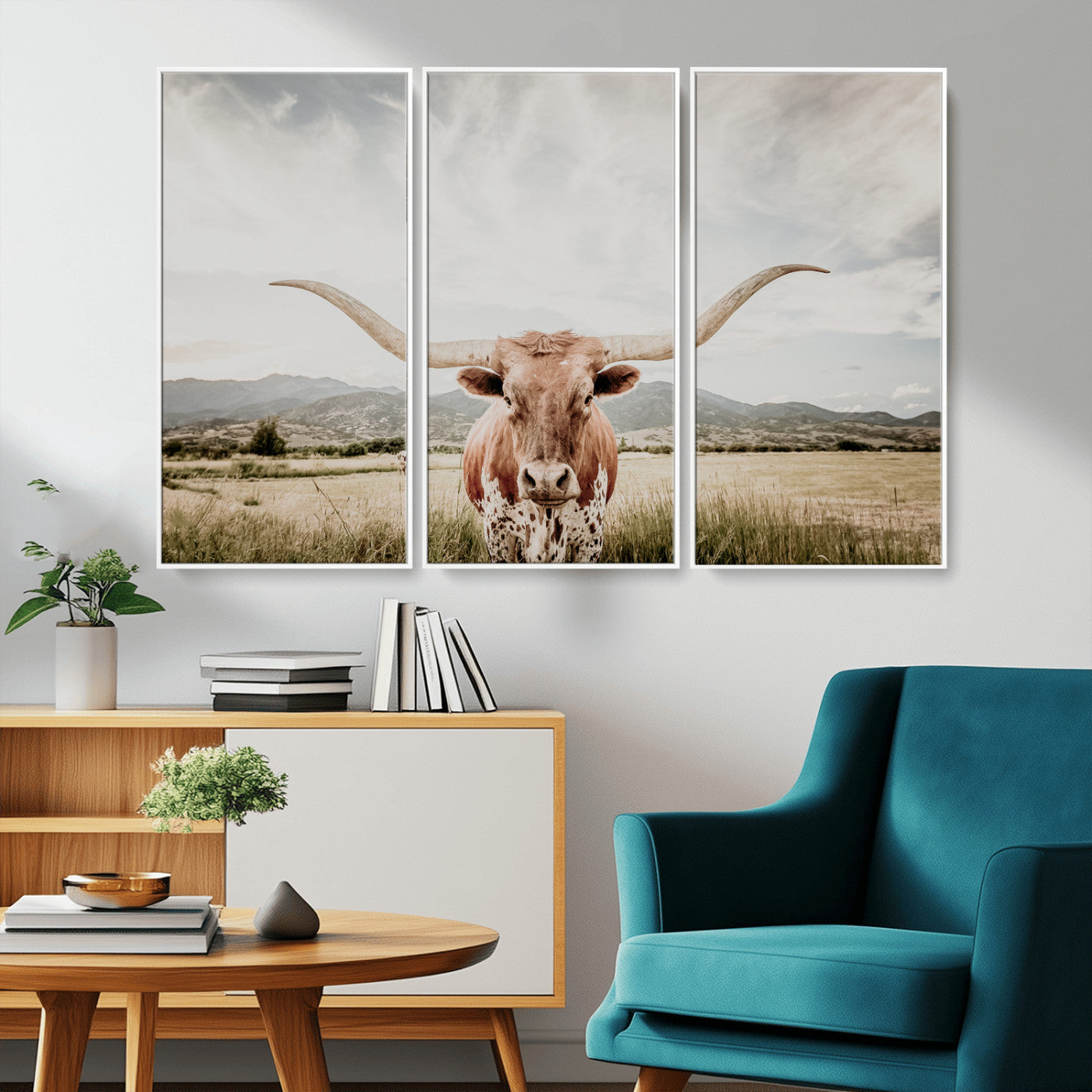Longhorn Wall Art Print - Western Cow Canvas Print, featuring a majestic Texas longhorn in a rustic prairie setting, perfect for farmhouse and western decor.