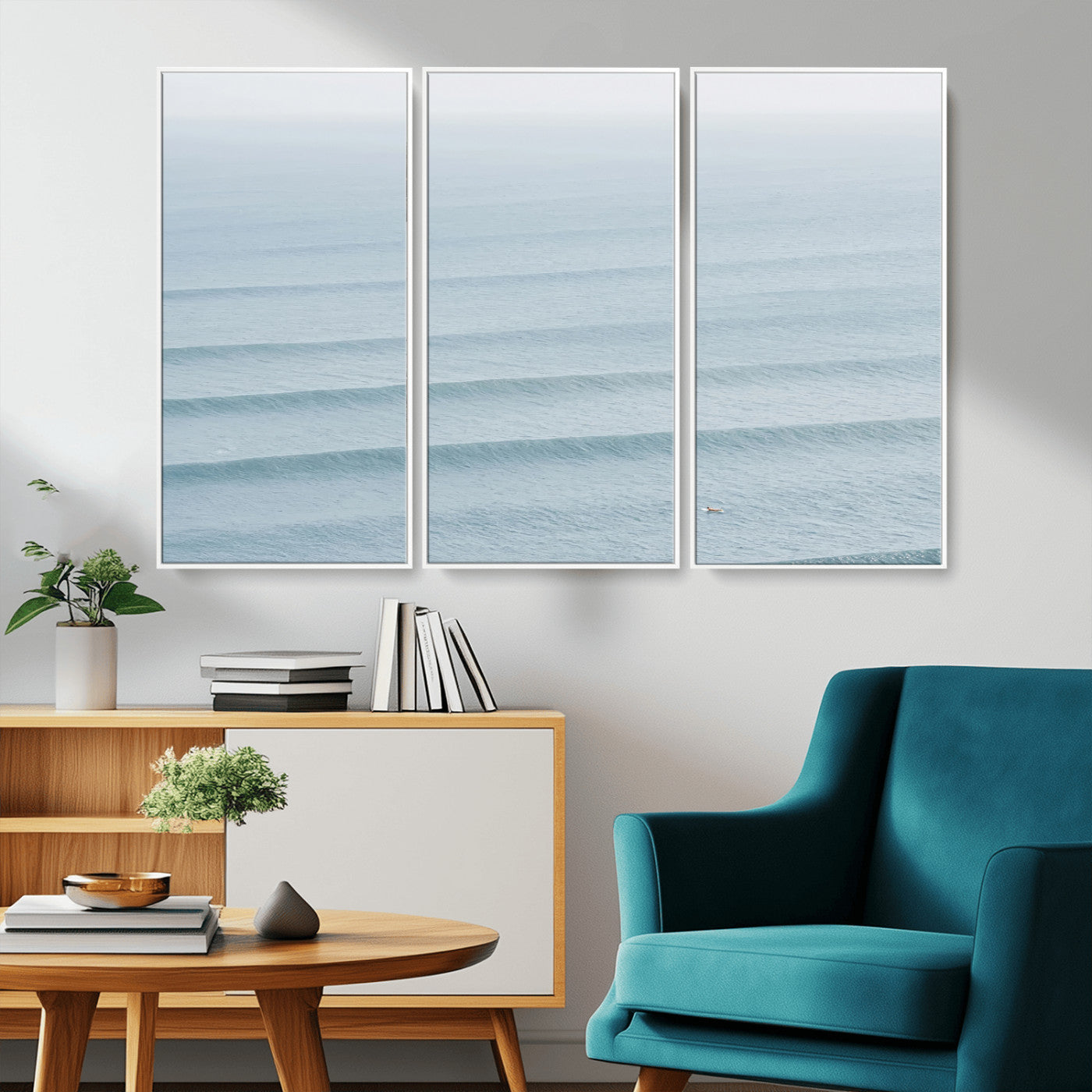 Framed canvas of repeating ocean waves with a distant solo surfer, ideal for minimalist ocean or calm coastal wall decor.