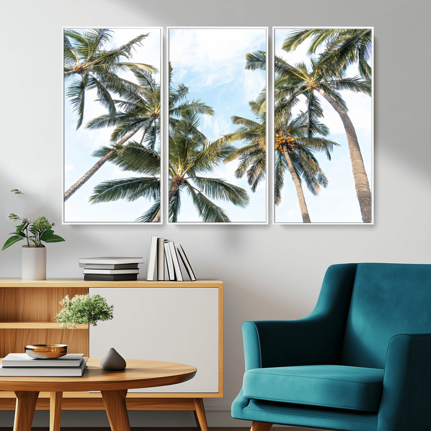 Framed canvas of tall palm trees reaching into a tropical sky, ideal for beach home or relaxed island-inspired wall decor.