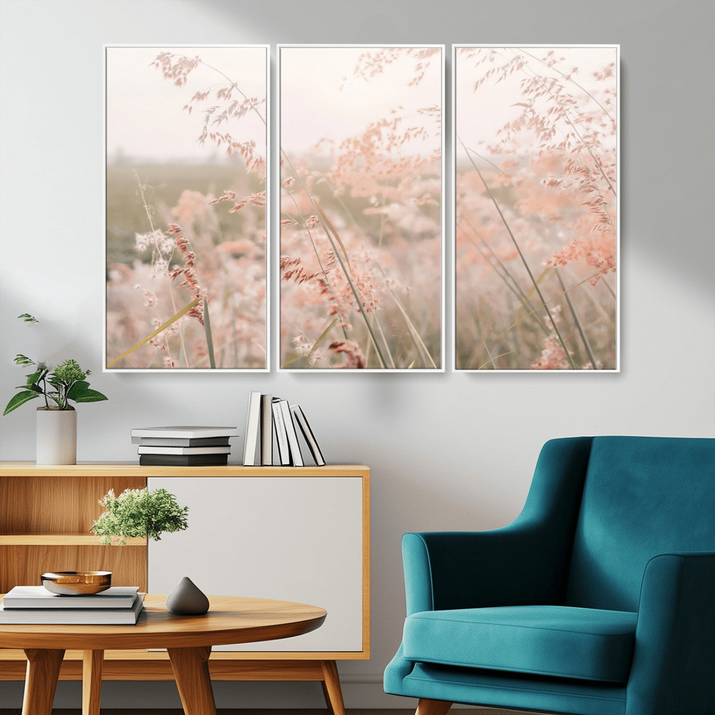 Soft pastel field with wild grasses in warm light, ideal for minimal nature or airy countryside-inspired interior wall decoration.