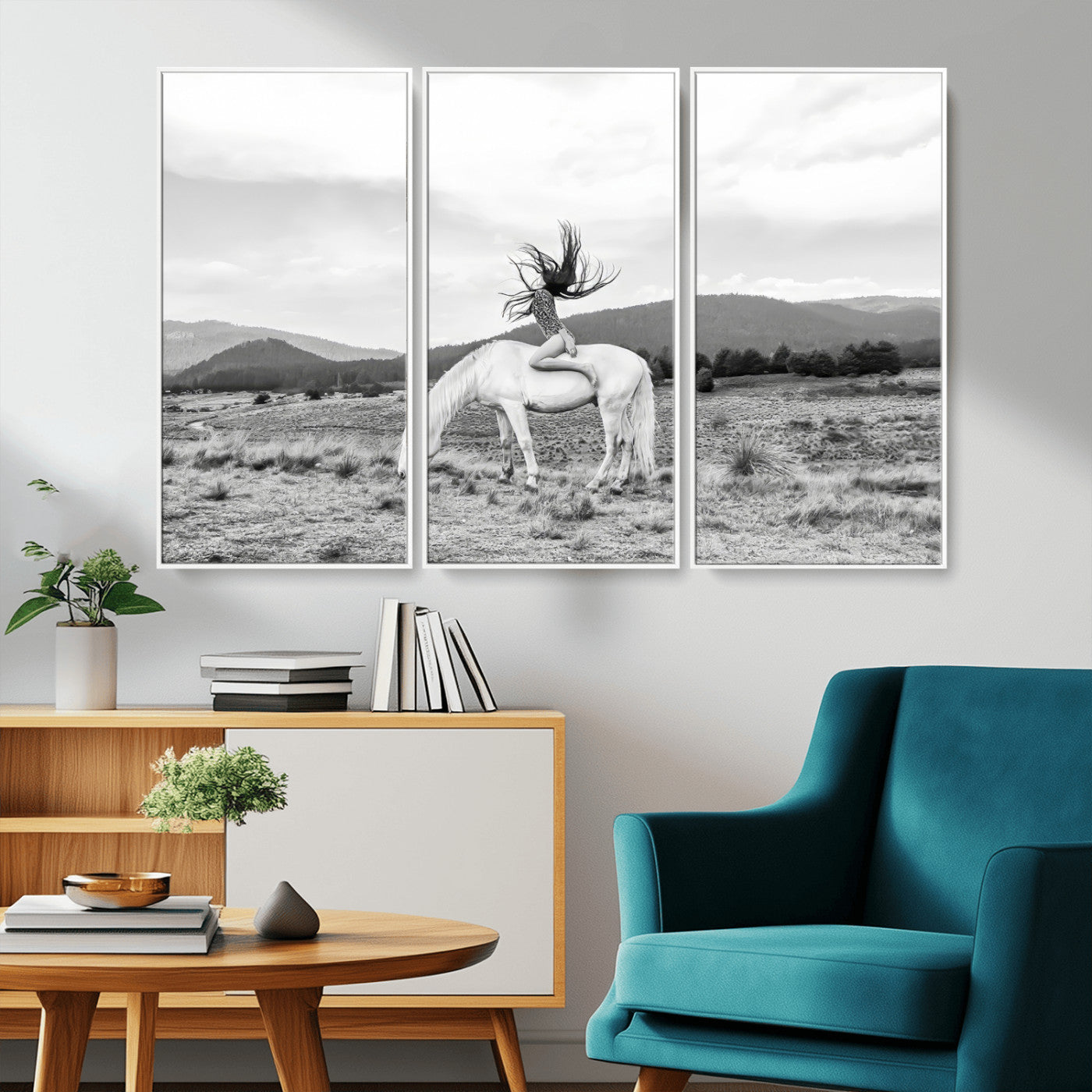 Black and white photo of a woman on a white horse in moody tones, ideal for Western Boho or modern rustic-style home decor.