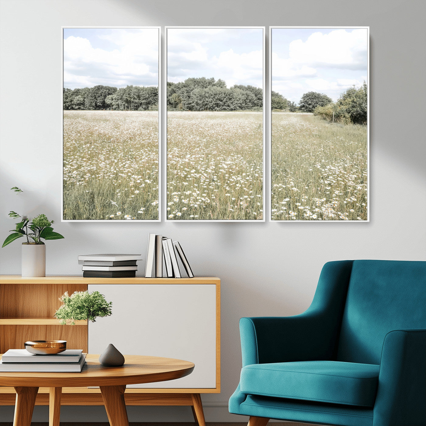 Soft-toned image of a wild daisy field under a cloudy sky, ideal for neutral or Scandinavian-inspired home decor.